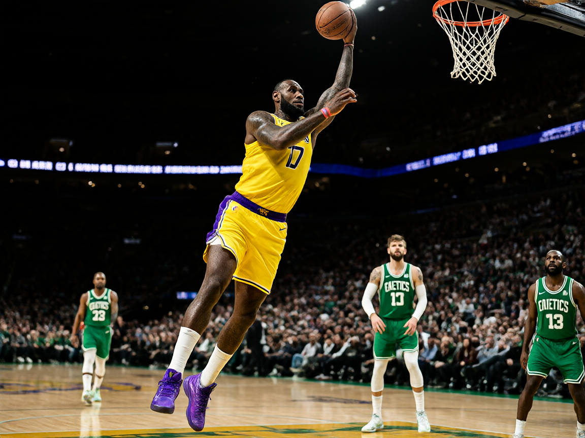 NBA常规赛湖人客场对阵凯尔特人，詹姆斯比赛中突破瞬间