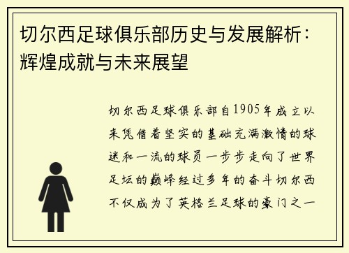 切尔西足球俱乐部历史与发展解析：辉煌成就与未来展望